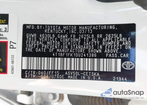 2013 Toyota Camry Se z USA, uszkodzony, nr VIN 4T1BF1FK1DU241386